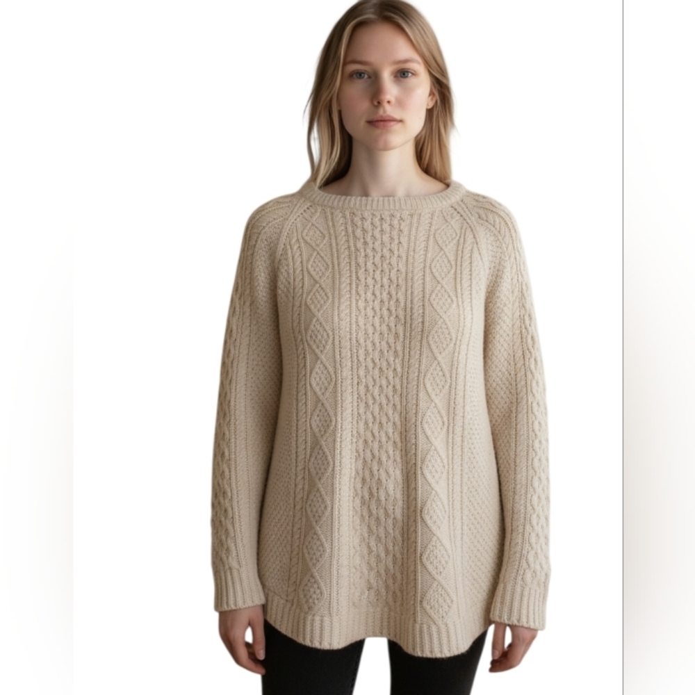 LL Bean Signature Womens Cotton Cable Knit Aran Fisherman Tunic Sweater Large